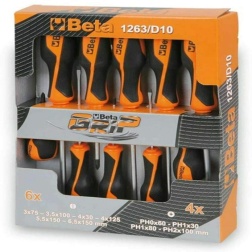 Beta 1263/D10 - Set di Giraviti Cromati - 10 Pezzi, Set di cacciaviti cromati a taglio e croce, Attrezzi professionali. La serie comprende 6 giraviti a testa con intaglio, 4 giraviti per viti a croce