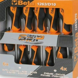 Beta 1263/D10 - Set di Giraviti Cromati - 10 Pezzi, Set di cacciaviti cromati a taglio e croce, Attrezzi professionali. La serie comprende 6 giraviti a testa con intaglio, 4 giraviti per viti a croce