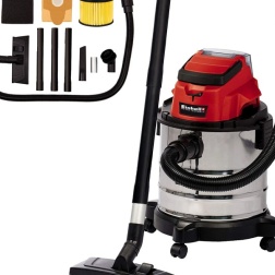 einhell TC-VC 18/20 Li S - Solo Aspiratutto a Batteria, Bidone in Acciaio, 20 L, 18 V, Rosso, Grigio