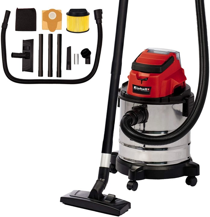 einhell TC-VC 18/20 Li S - Solo Aspiratutto a Batteria, Bidone in Acciaio, 20 L, 18 V, Rosso, Grigio