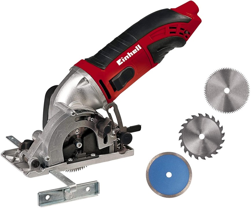 Einhell TC-CS 860 Kit Mini Sega circolare manuale (tensione 230 V, 450 W, giri al min. 6000, lama Ø85 x Ø10, taglio max 23 mm, incl. Lama legno 20 denti , lama legno 60 denti, lama diamantata)