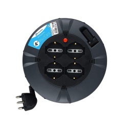 Electraline 49019 Prolunga Elettrica con Avvolgicavo, 3G 1 mm, Lunghezza 4 m, 4 Prese Bivalenti, Spina 16 A, Nero