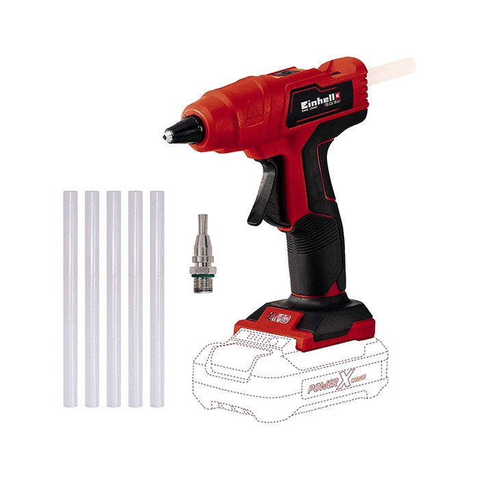 Einhell Pistola Incollatrice a Batteria TE-Cg 18 Li-Solo Power X-Change, Li-Ion, 18 V, Max. 170 °C, Pronta per l'Uso in 120 Secondi, Incl. 5 Stick Colla, senza Batteria e Caricatore